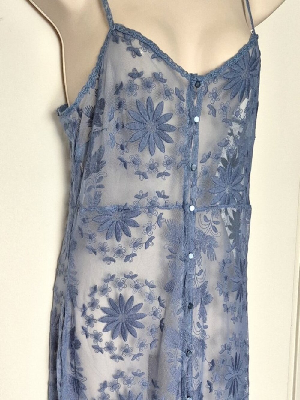 Free People Intimately Sheer Floral Lace Maxi Duster Slip Dress Blue Size M Rare
